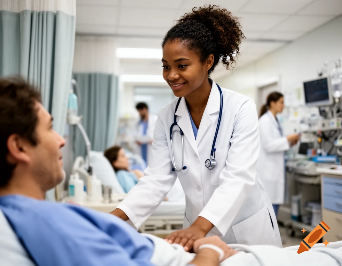A smiling young Black female doctor with a stethoscope attends to a male patient in a hospital bed.