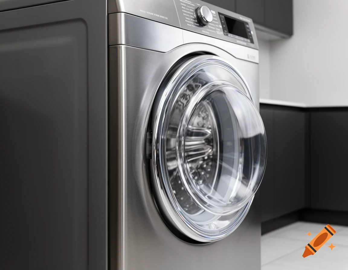 A photorealistic image of a modern, stainless steel washing machine with a strongly convex glass door, viewed from the side.