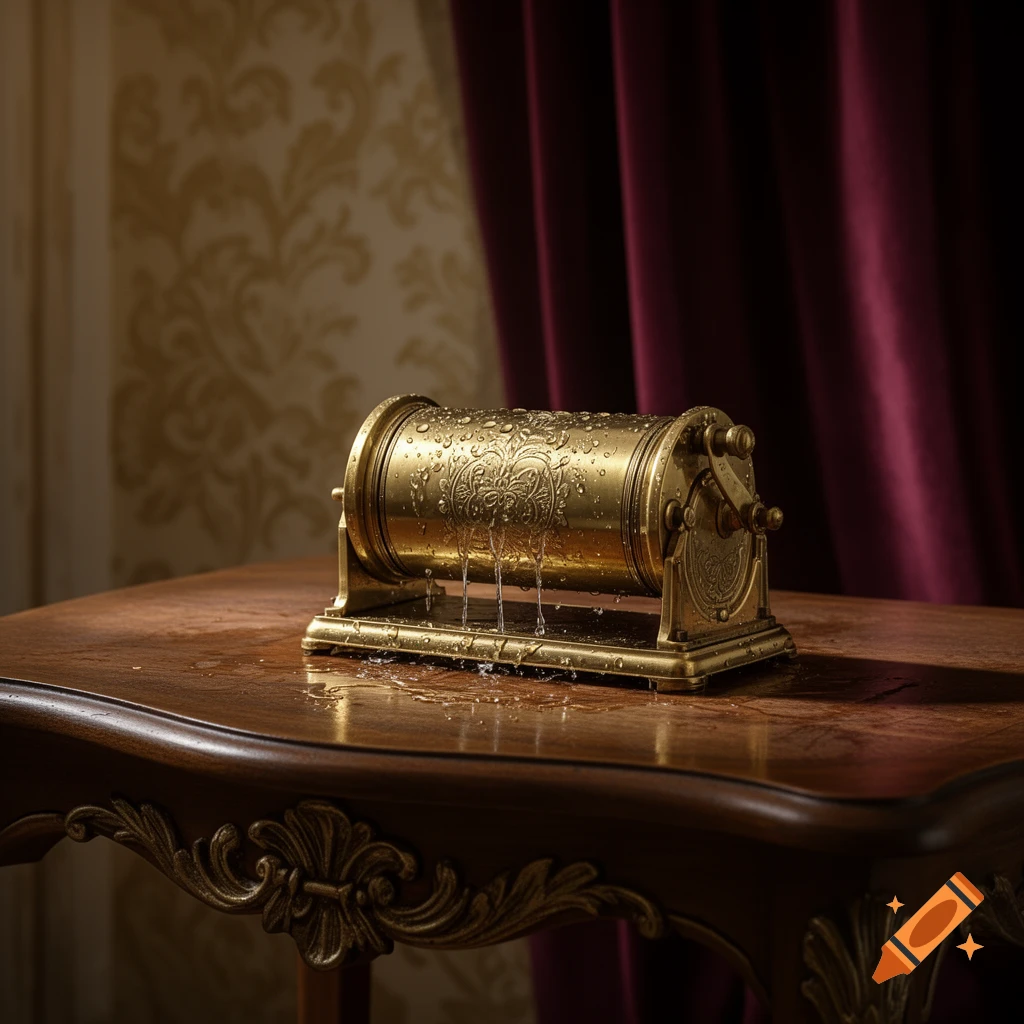 A wet, ornate golden musical cylinder sits on a carved wooden table. A red curtain and patterned wall are in the background. Photorealistic.