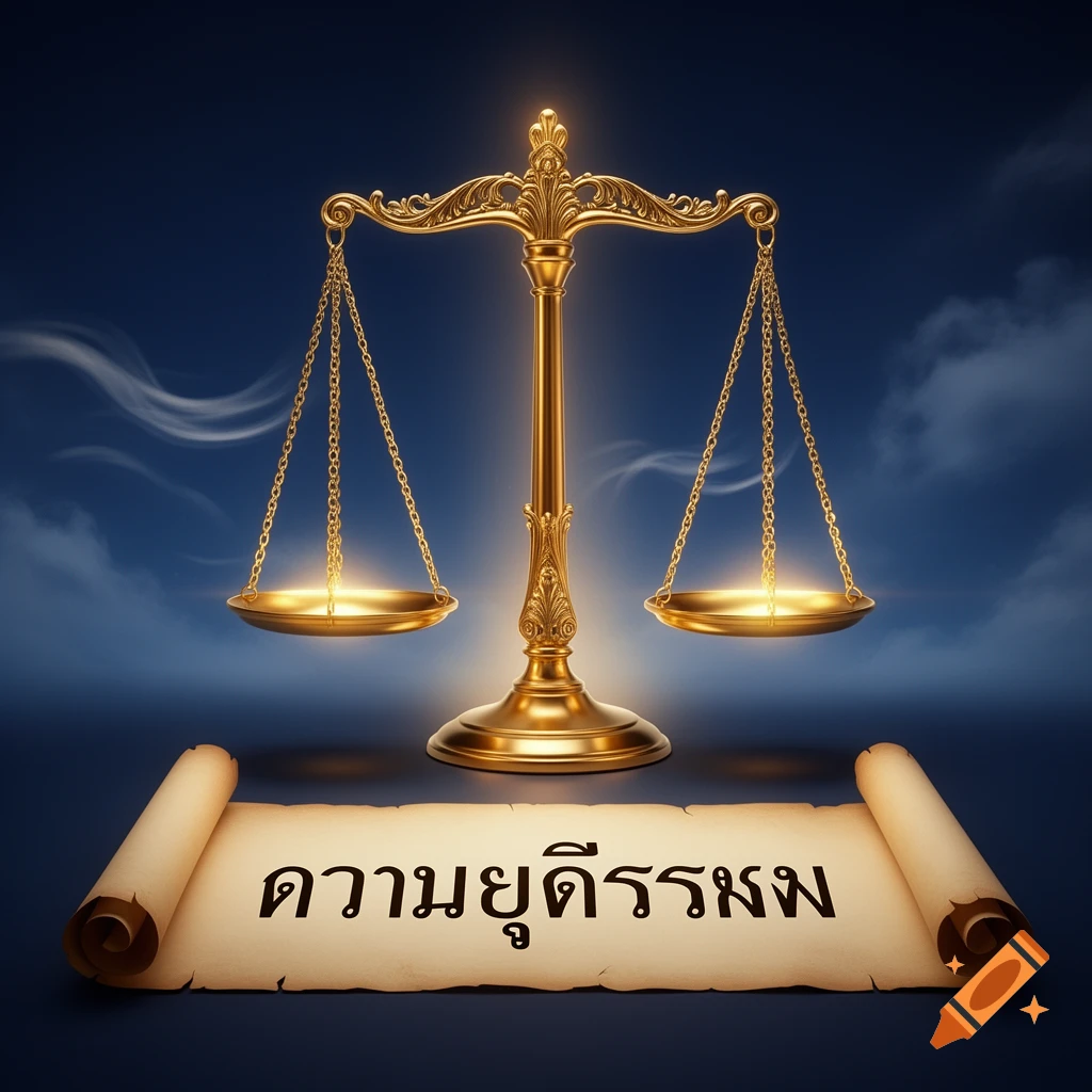 Golden scales of justice stand against a dark blue background, with a scroll displaying the Thai word for 'justice' at the bottom.