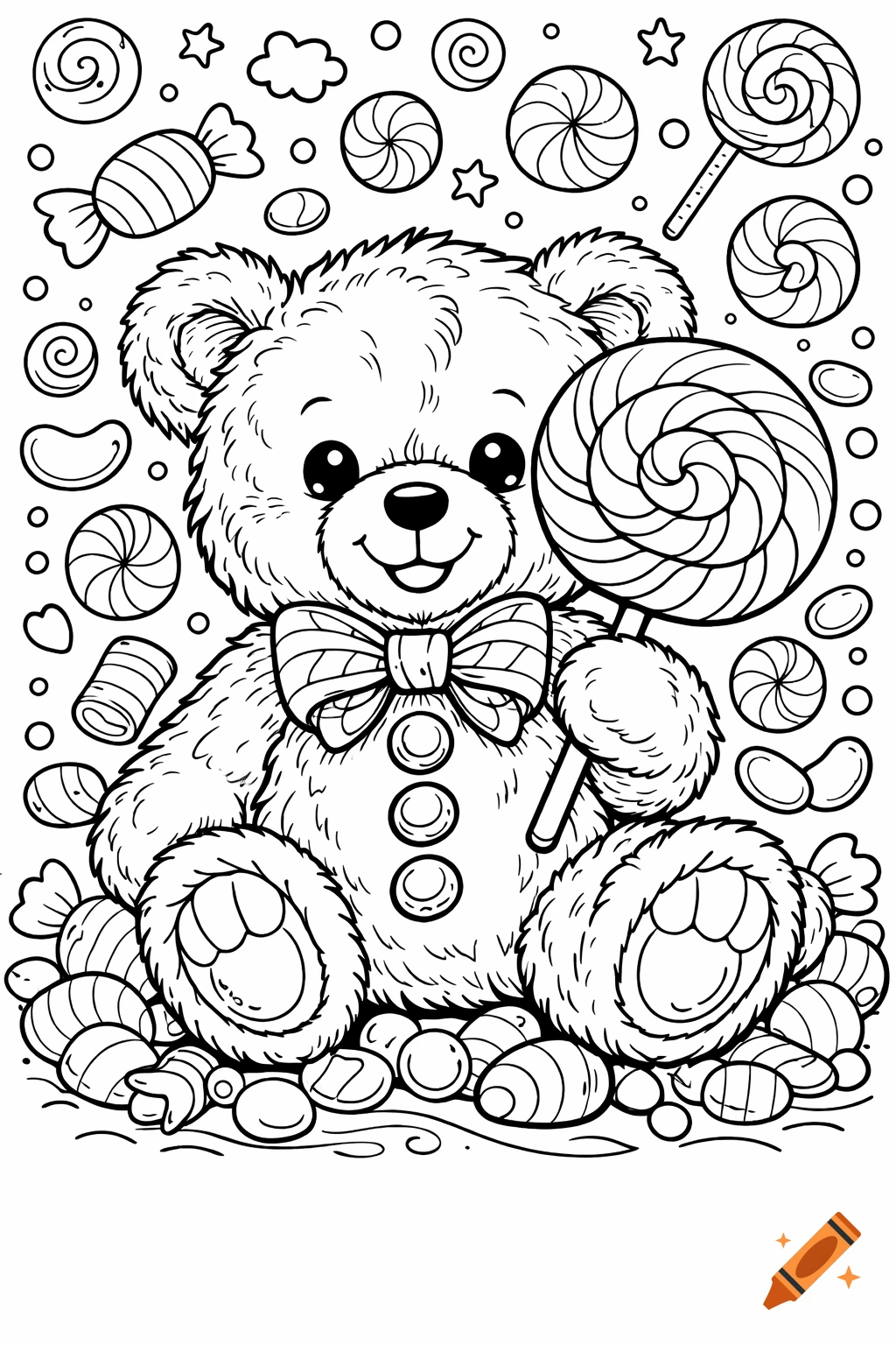 Black and white line drawing of a happy teddy bear holding a swirl lollipop, sitting among various candies and sweets.