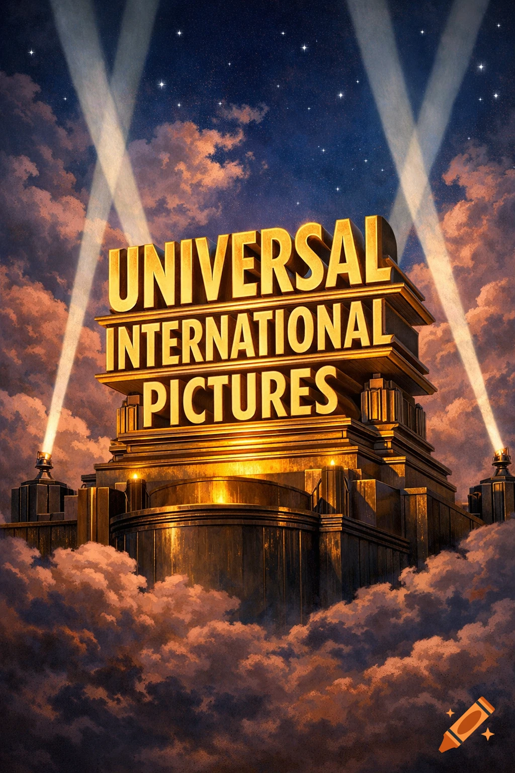 Golden tiered 'UNIVERSAL INTERNATIONAL PICTURES' logo, resembling 20th Century Fox, under a starry sky with clouds and searchlights.