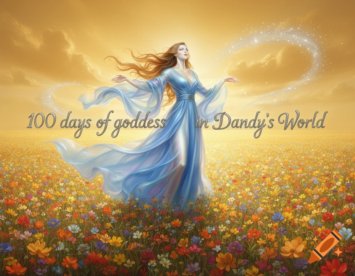 A goddess-like woman in a flowing blue dress stands in a vibrant field of wildflowers under a golden sky, with sparkling magic. Text: "100 days of goddess in Dandy's World".