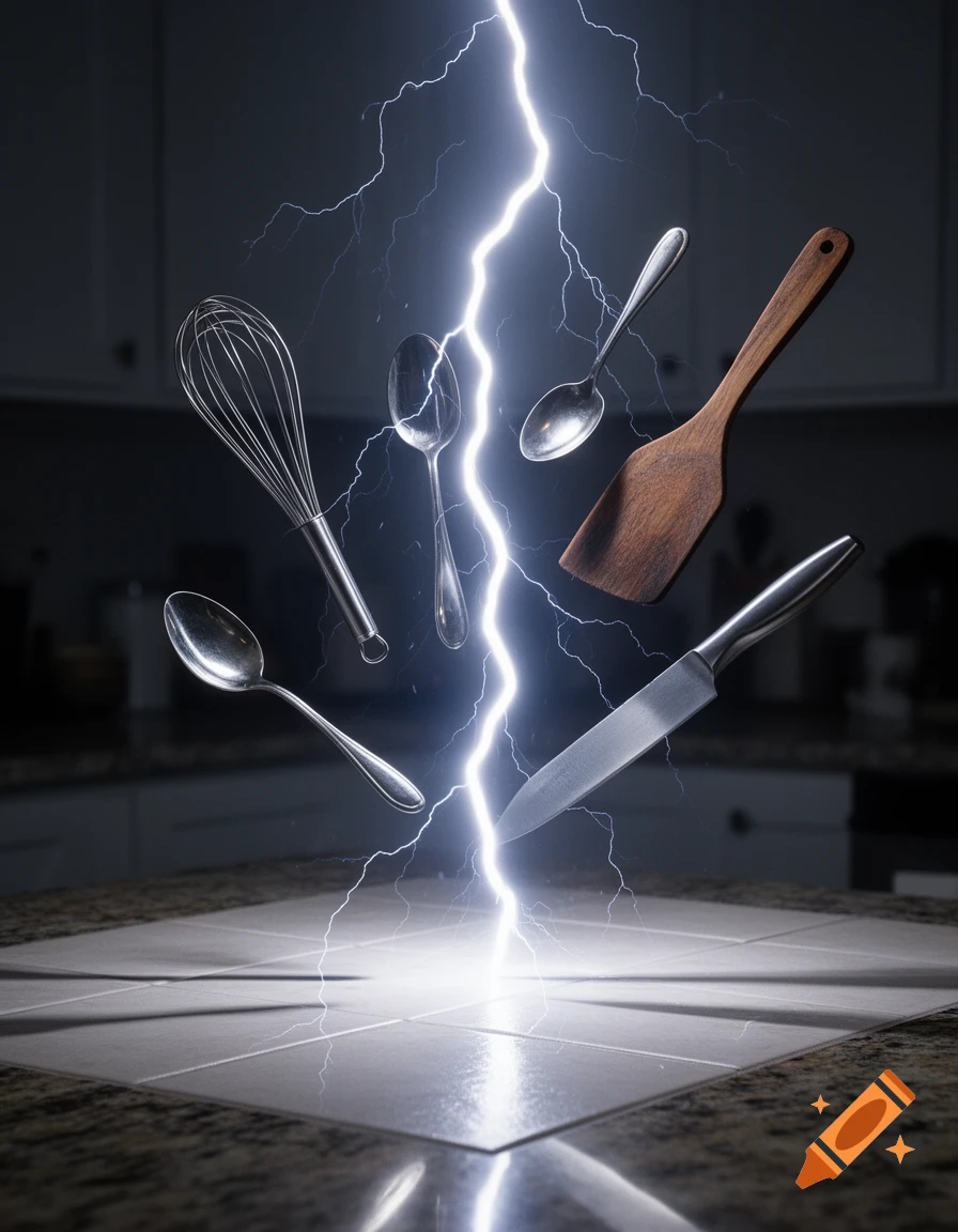 Kitchen utensils like spoons, a whisk, a spatula, and a knife float around a bright lightning bolt striking a counter.