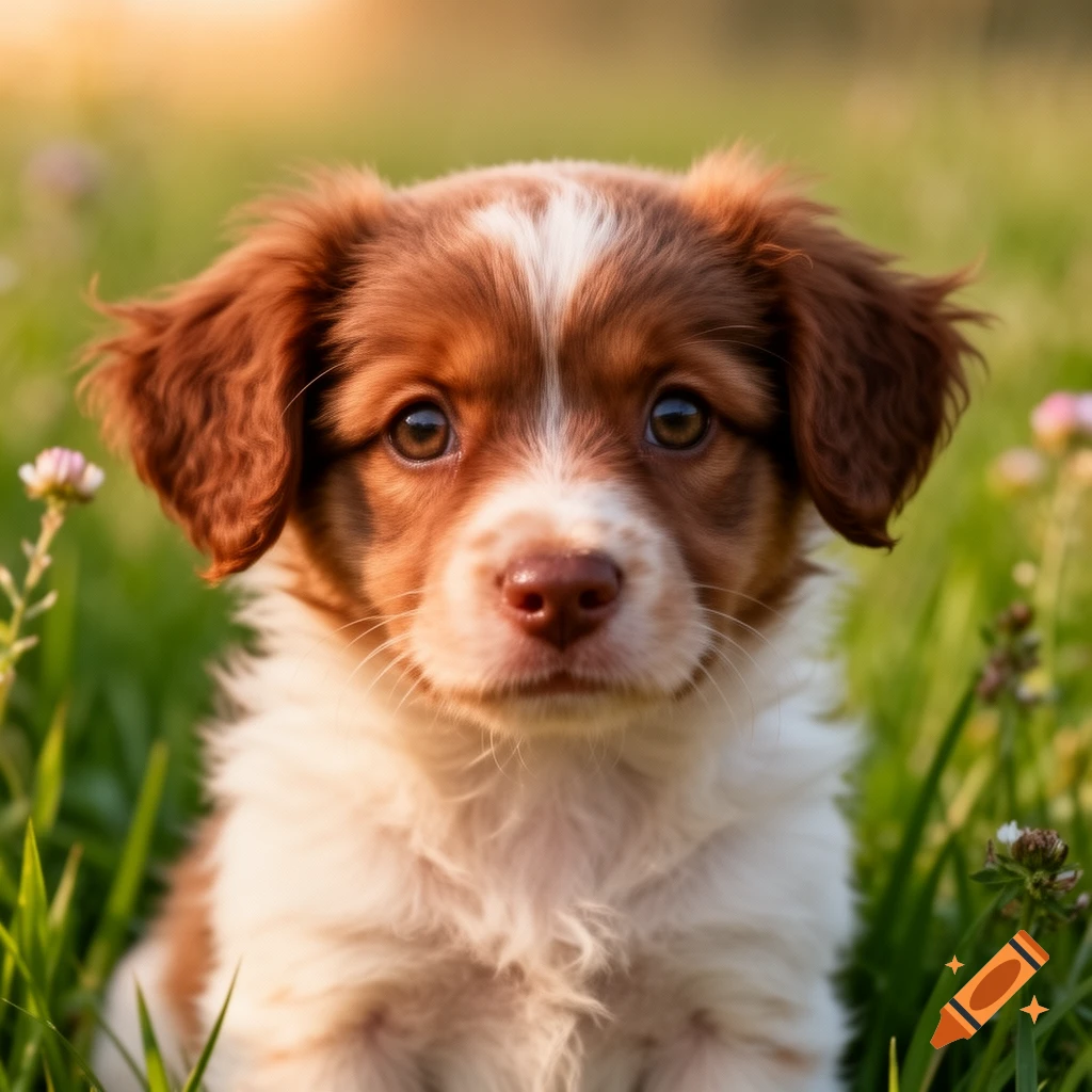 A close-up, photorealistic image of a brown and white puppy with big eyes sitting in green grass with flowers.
