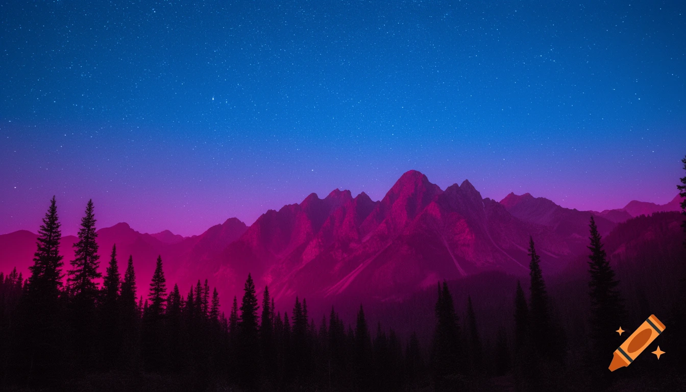 Vibrant night landscape featuring mountains and pine trees silhouetted against a neon pink and blue starry sky.