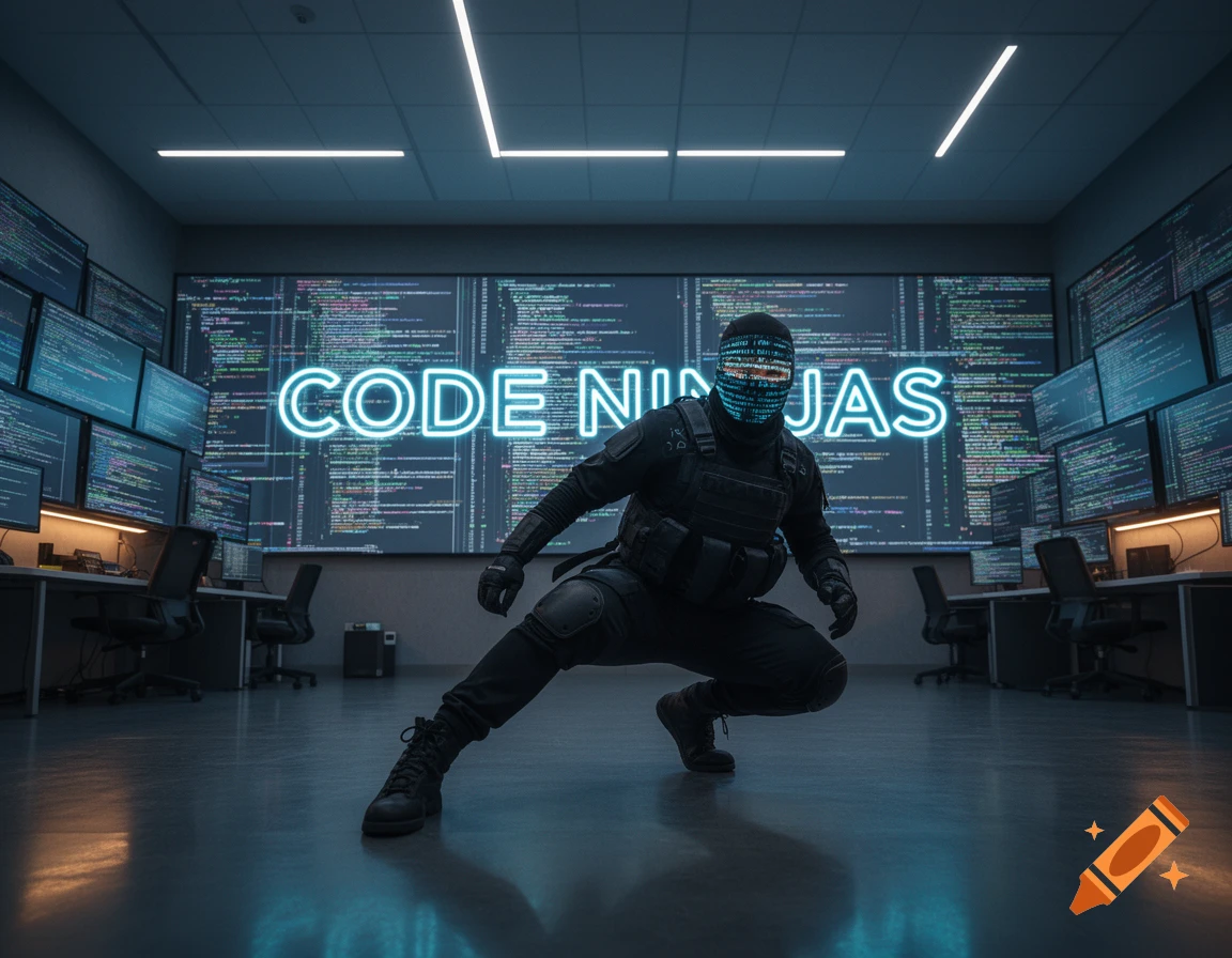 A masked figure in tactical gear crouches in a dark room filled with glowing computer screens displaying code, with neon text 'CODE NINJAS' in the background.