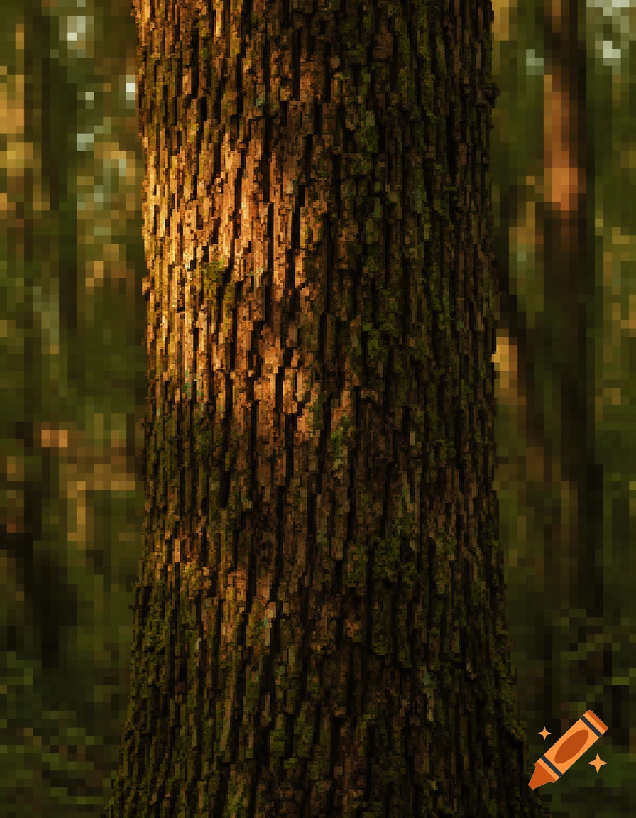 Close-up of a tree trunk with rough, textured bark, contrasted by a heavily pixelated forest background.