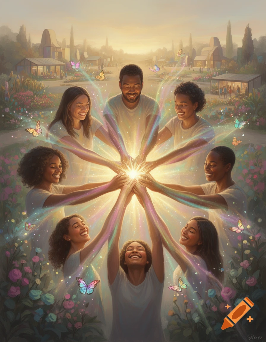 Diverse people with glowing hands radiating light in a magical garden setting, symbolizing unity and happiness.