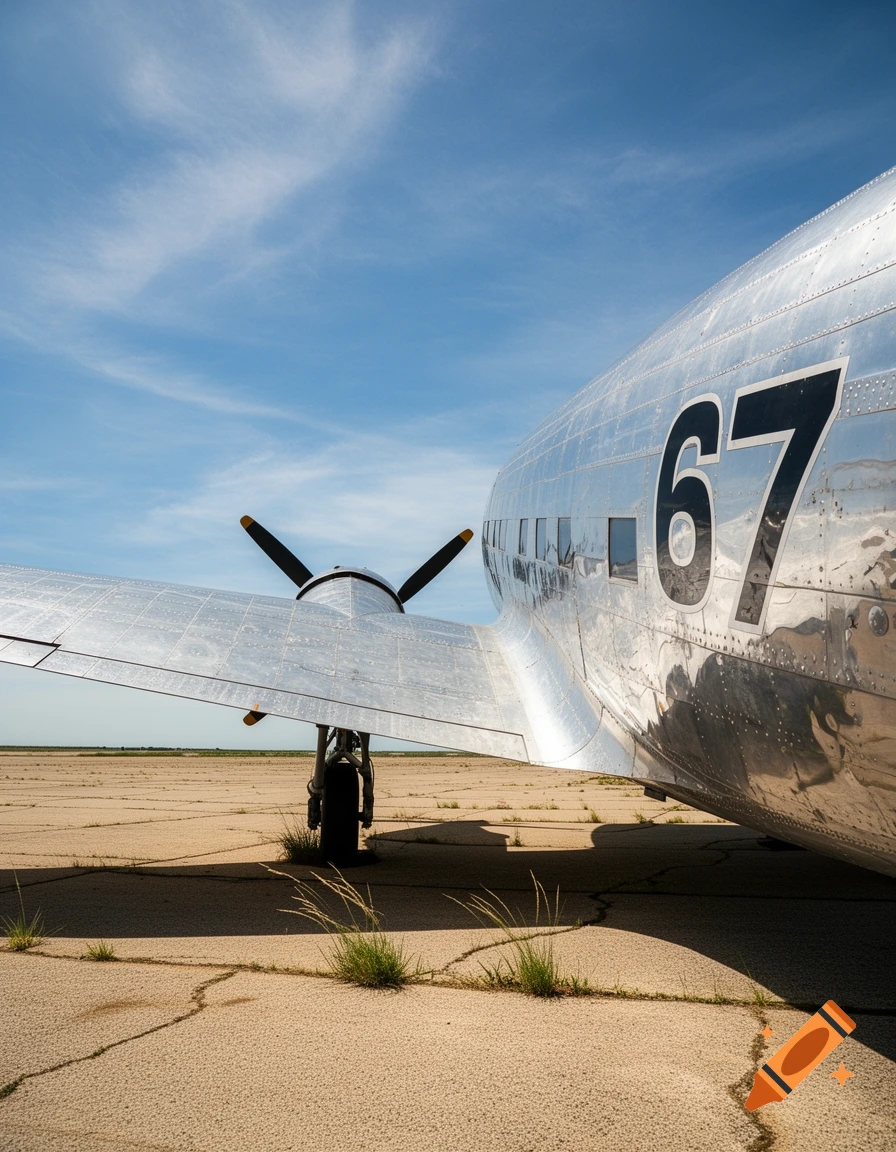 Photorealistic view of a silver vintage propeller plane with "67" on its fuselage, parked on a cracked airfield under a blue sky.