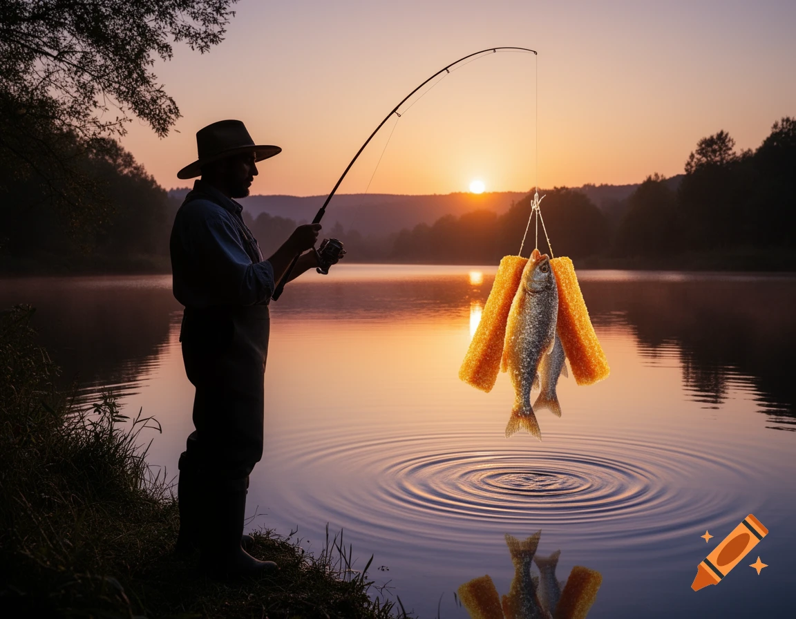 Silhouette of a fisherman reeling in fish and strange orange blocks from a calm lake at sunset.