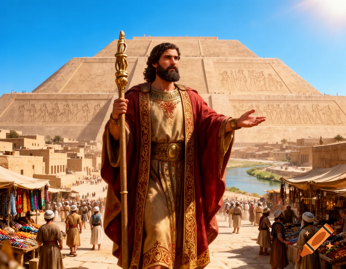 A man in red and gold robes holding a staff stands in an ancient city market before a massive stepped pyramid under a clear sky.