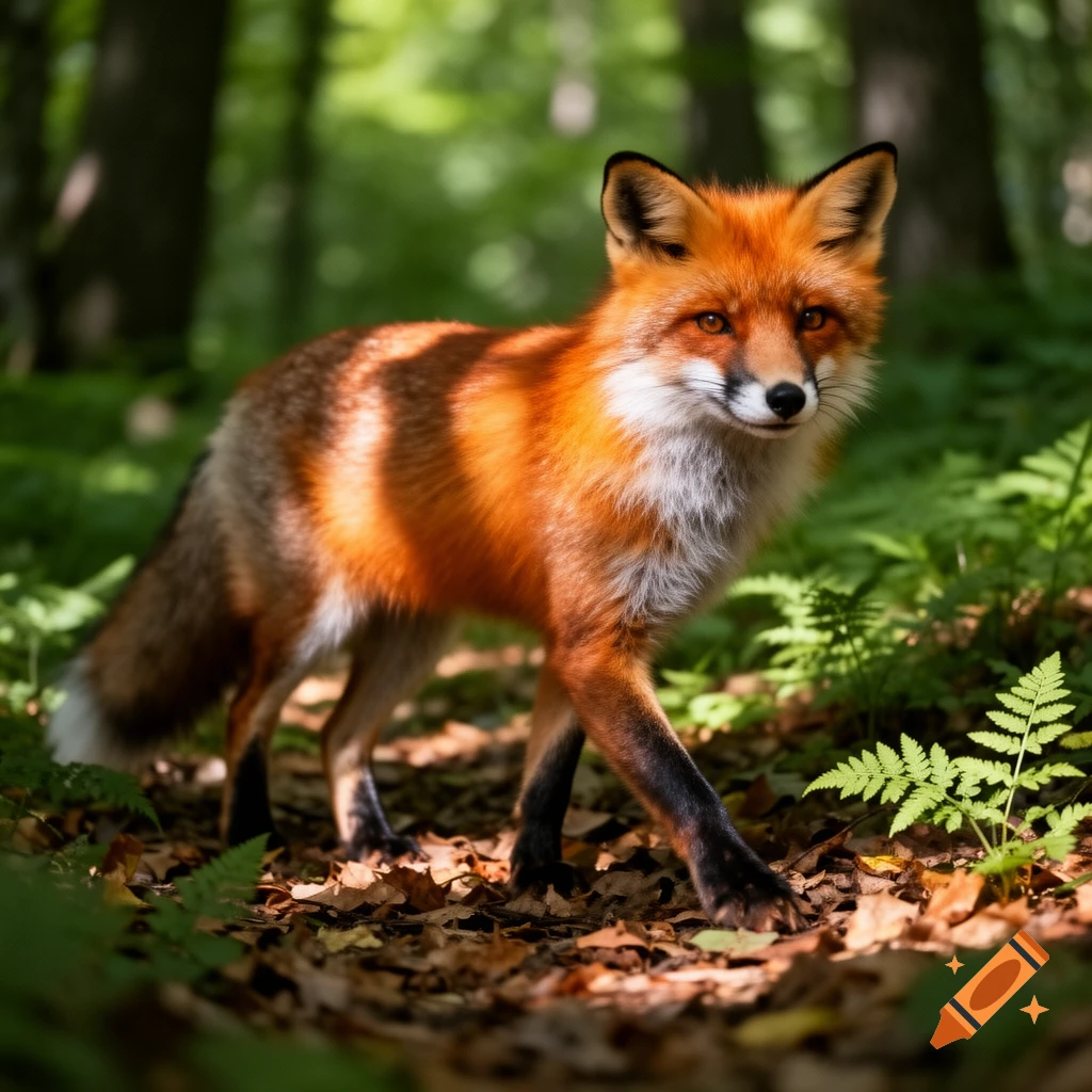 A vibrant red fox with white and black markings stands on a leafy ...