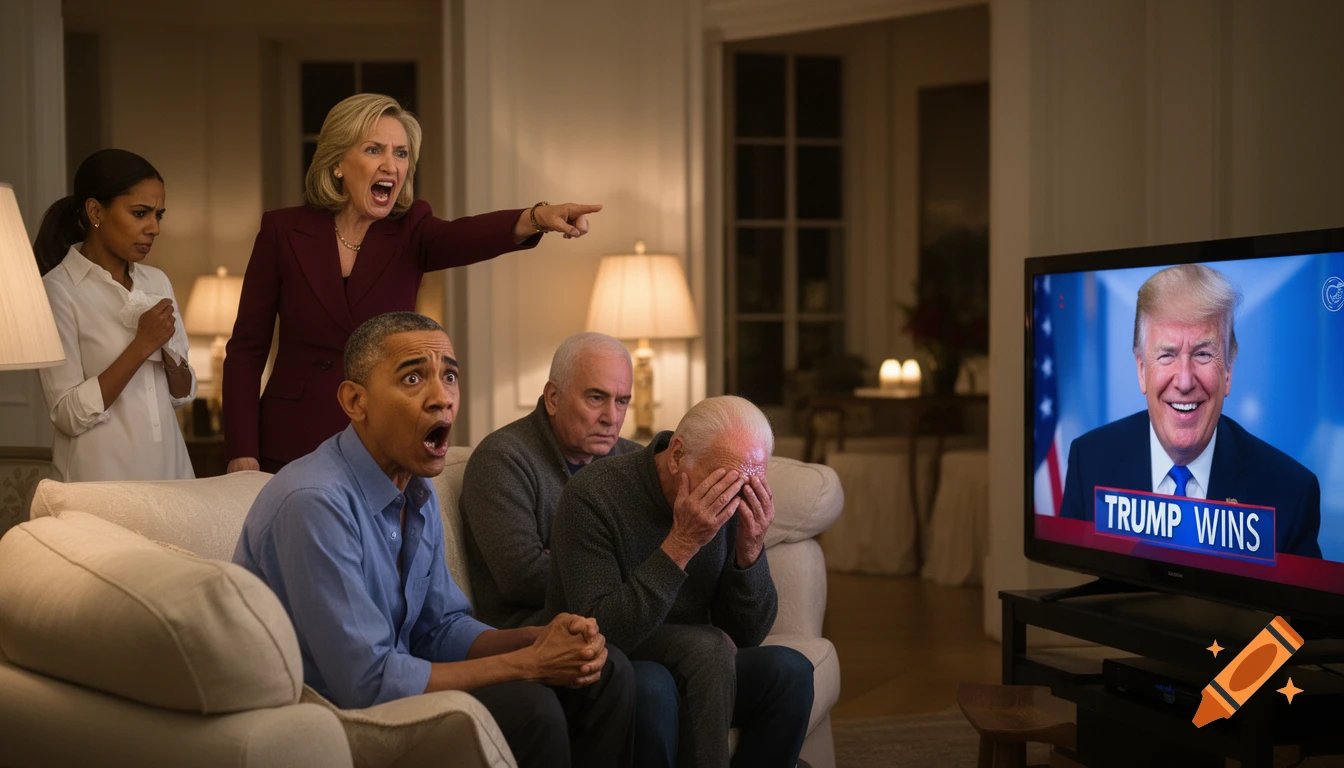 Barack Obama, Joe Biden, Hillary Clinton, and Kamala Harris react with shock and despair while watching TV, which shows Donald Trump smiling with "TRUMP WINS" on the screen.