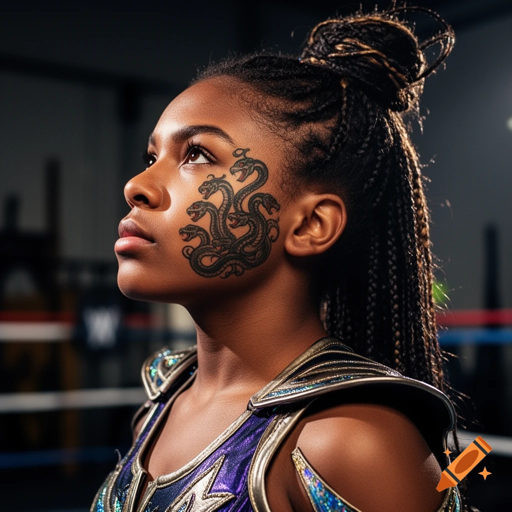 Close-up profile of a young Black female wrestler with a hydra tattoo on her cheek and braided hair, wearing purple and gold attire.