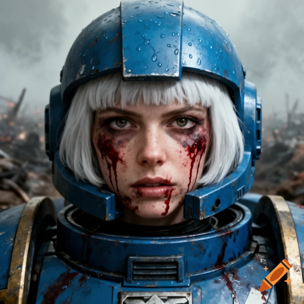 Close-up of a battle-worn woman in blue power armor with white hair and a blood-smeared face, on a smoky battlefield, photorealistic style.