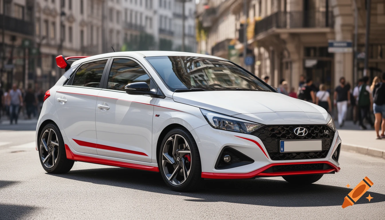 A white Hyundai i20 N-Line with red trim and a large red rear spoiler parked on a city street.