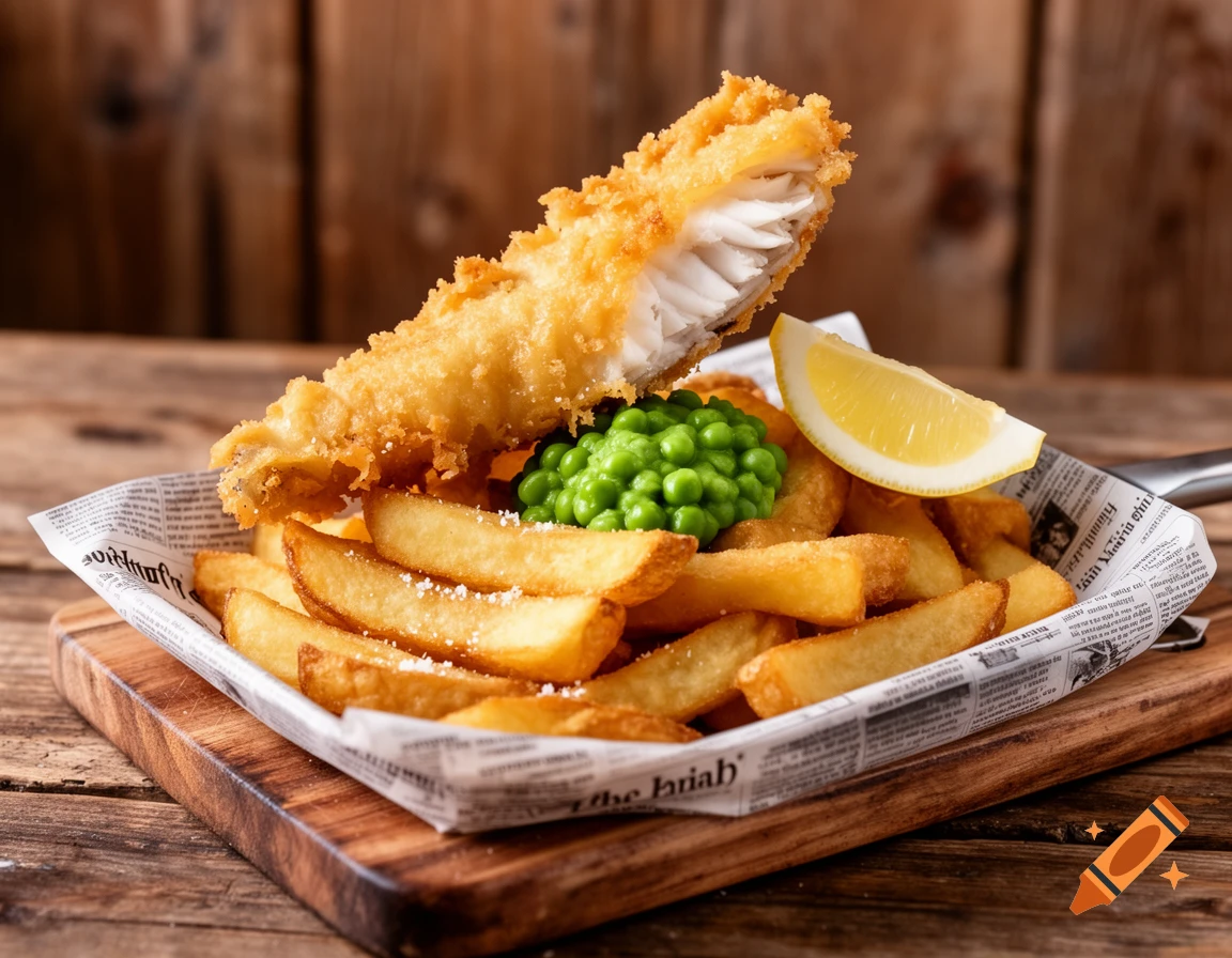 Golden fried fish and chips with mushy peas and a lemon wedge, served on newspaper-lined paper on a wooden board.