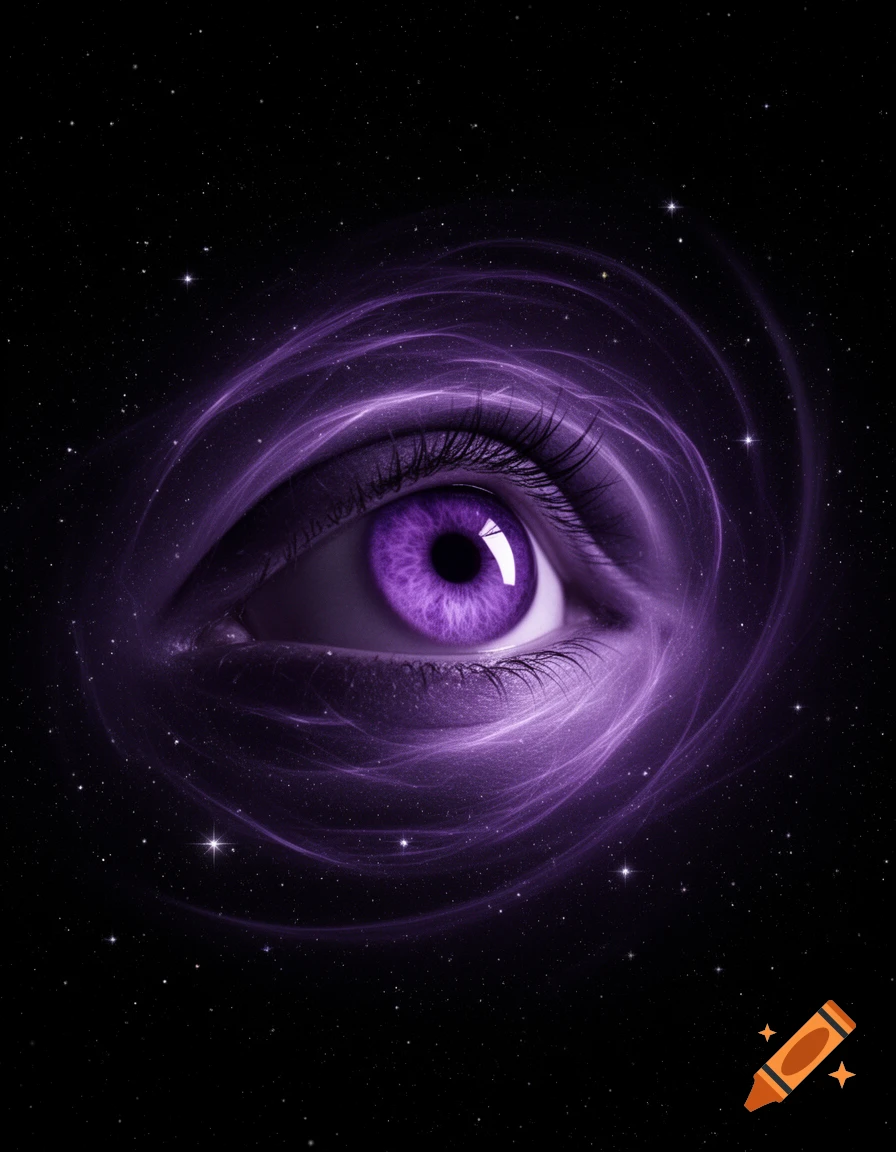 A close-up of a purple eye surrounded by swirling violet energy and sparkling stars in a dark cosmic background.
