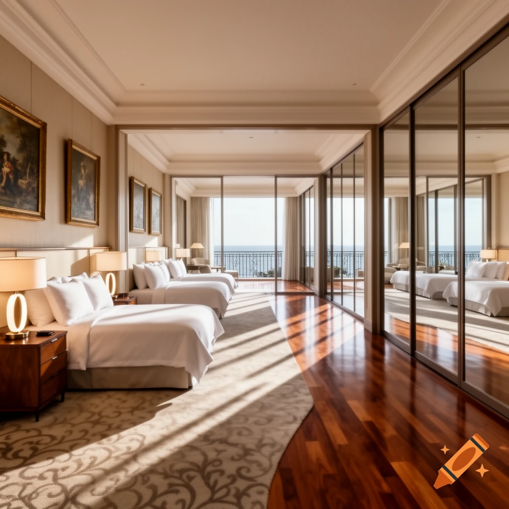 Luxurious hotel room with multiple beds, hardwood floors, a large window overlooking the ocean, and mirrored walls, bathed in sunlight.