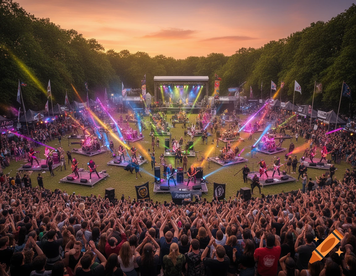 An aerial view of a vibrant outdoor rock music festival at sunset, with multiple bands on stages and a large crowd cheering.