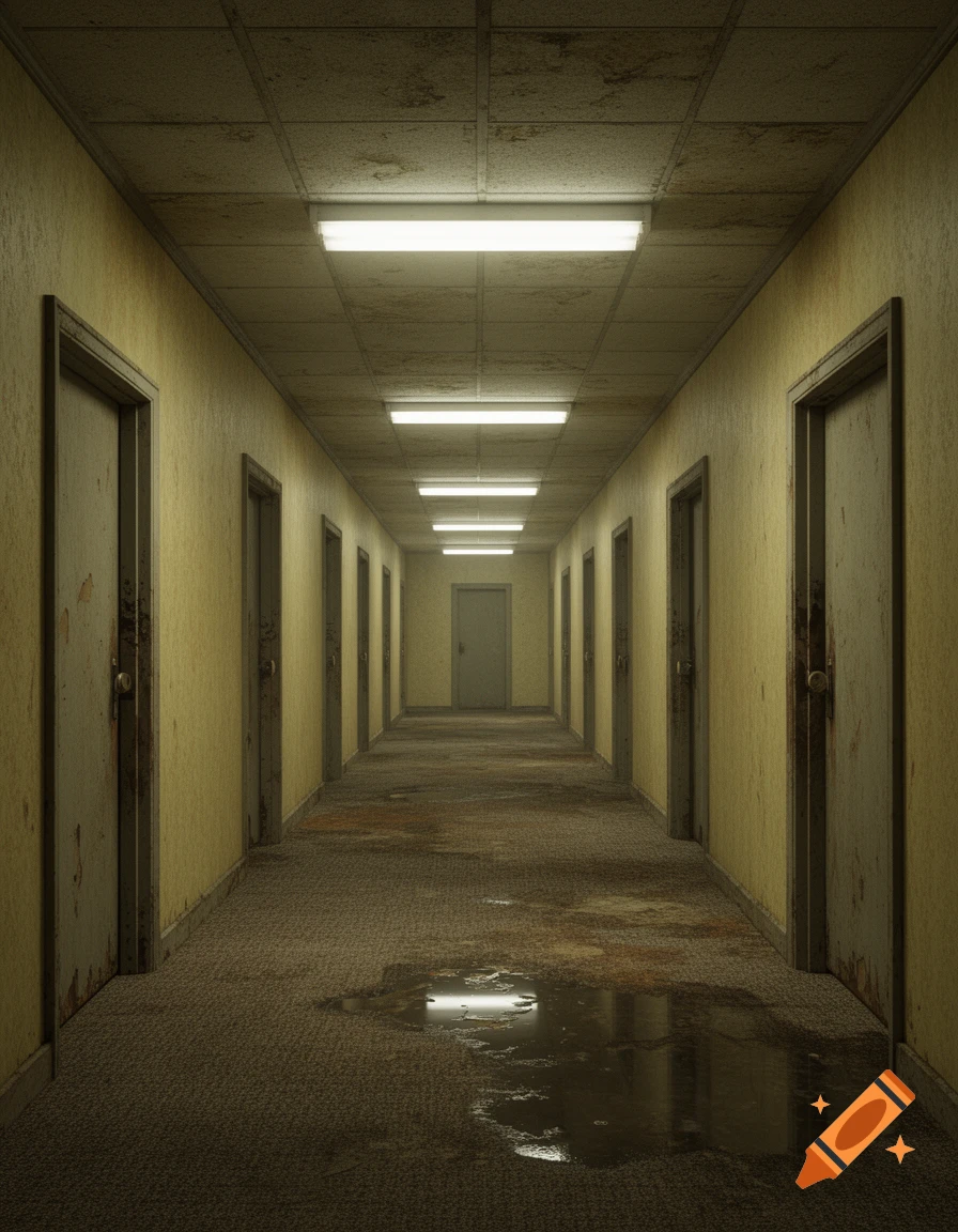 A long, dirty, abandoned-looking hallway with yellow walls, multiple doors, a grimy carpet with puddles, and fluorescent lights on the ceiling.