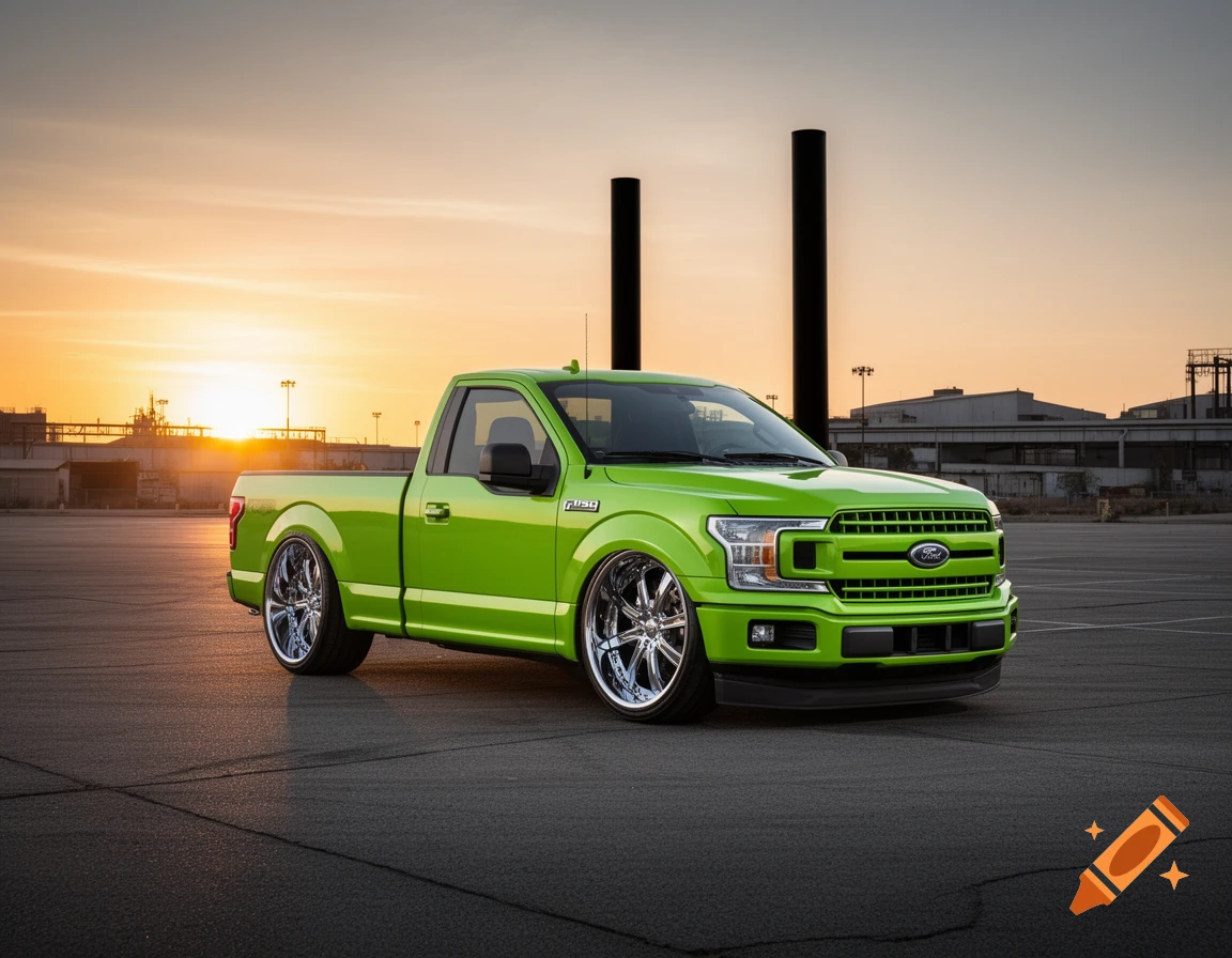 A lime green Ford F-150 single cab truck with chrome wheels and black smokestacks, parked in an industrial lot at sunset.