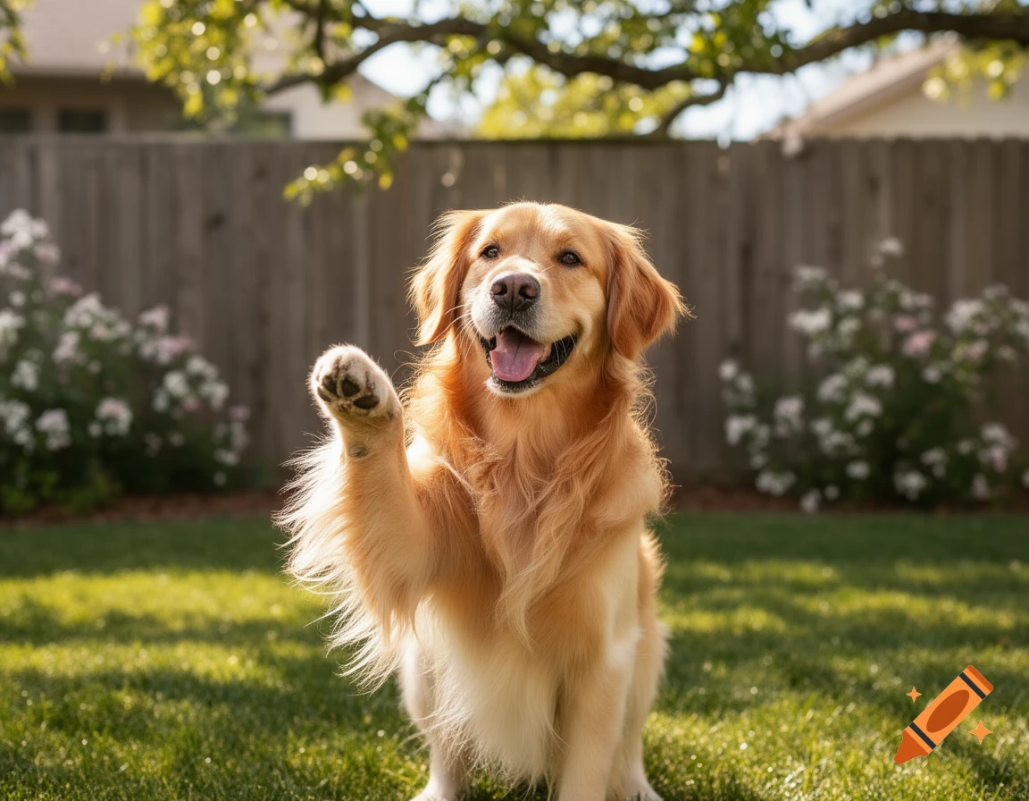 A happy Golden Retriever dog sits on a green lawn in a sunny backyard ...