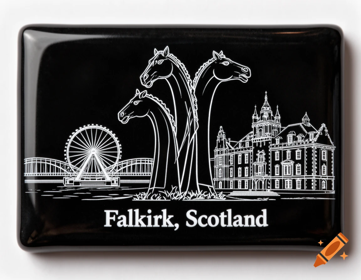 Glossy black souvenir magnet with white line art depicting the Kelpies, Falkirk Wheel, and historic buildings, with 'Falkirk, Scotland' text.