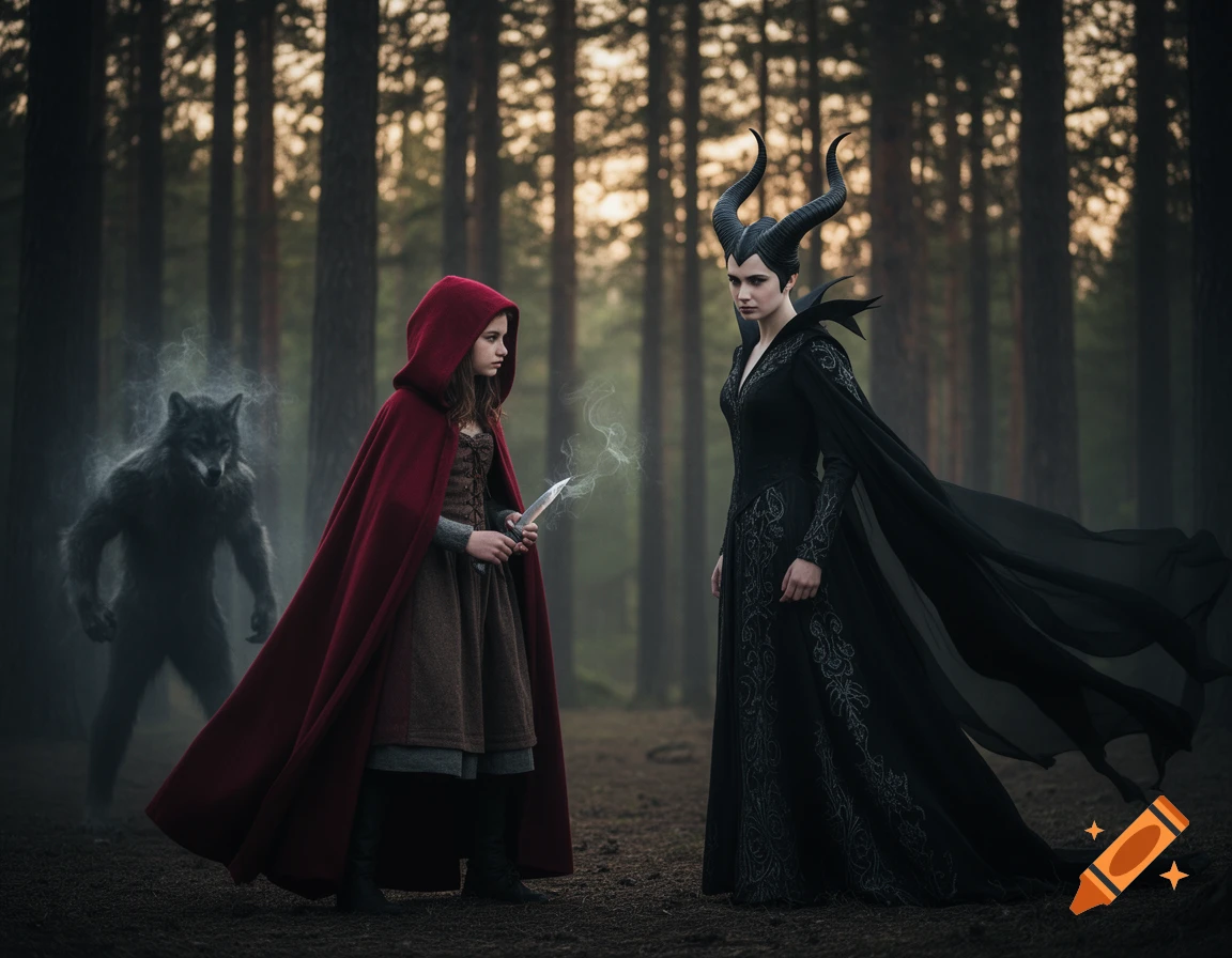 Teenage Red Riding Hood with a knife confronts Maleficent in a dark forest, with a smoky wolf-man in the background.