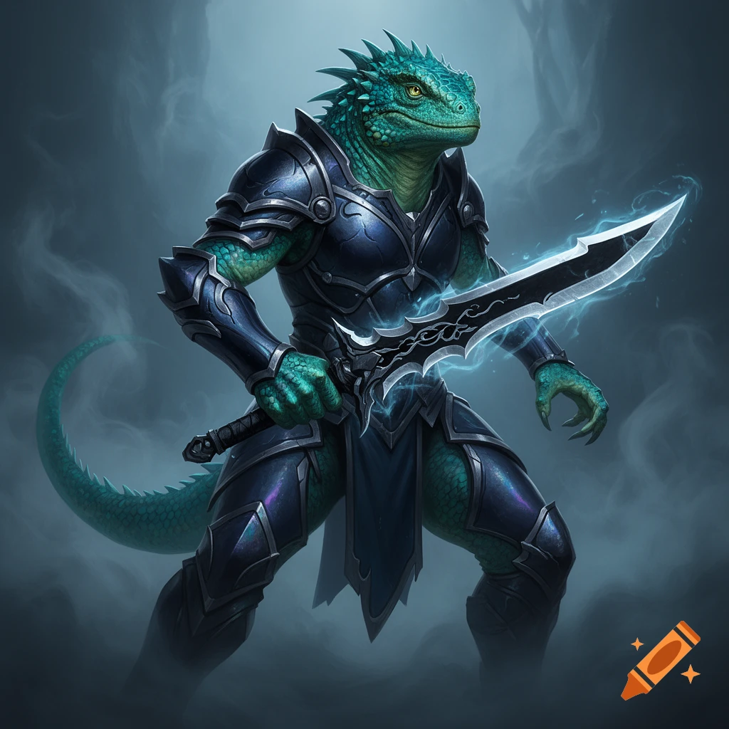 A green lizard folk warrior in dark armor holds a glowing, ornate sword ...