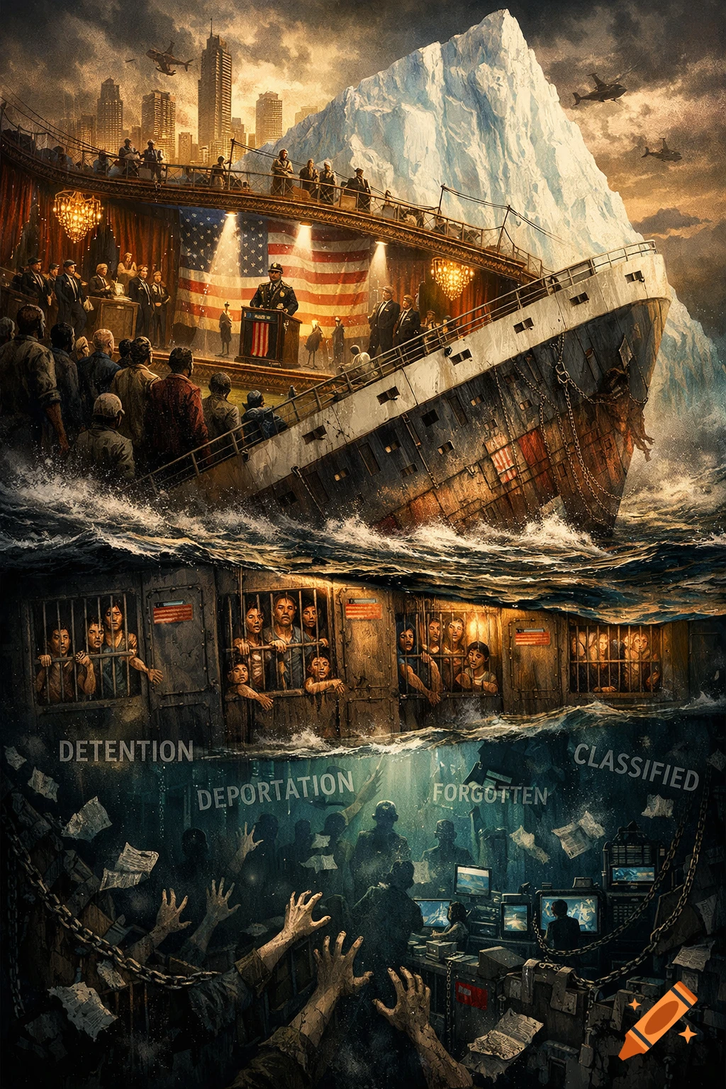 A dramatic, two-part image. Above, a formal event on a sinking ship deck with an American flag backdrop, a speaker, and onlookers. Below, immigrant families are trapped in submerged, caged compartments, with words like "DETENTION" and "DEPORTATION" floating in the dark water. Hands reach up from the deep, icy depths below the ship.