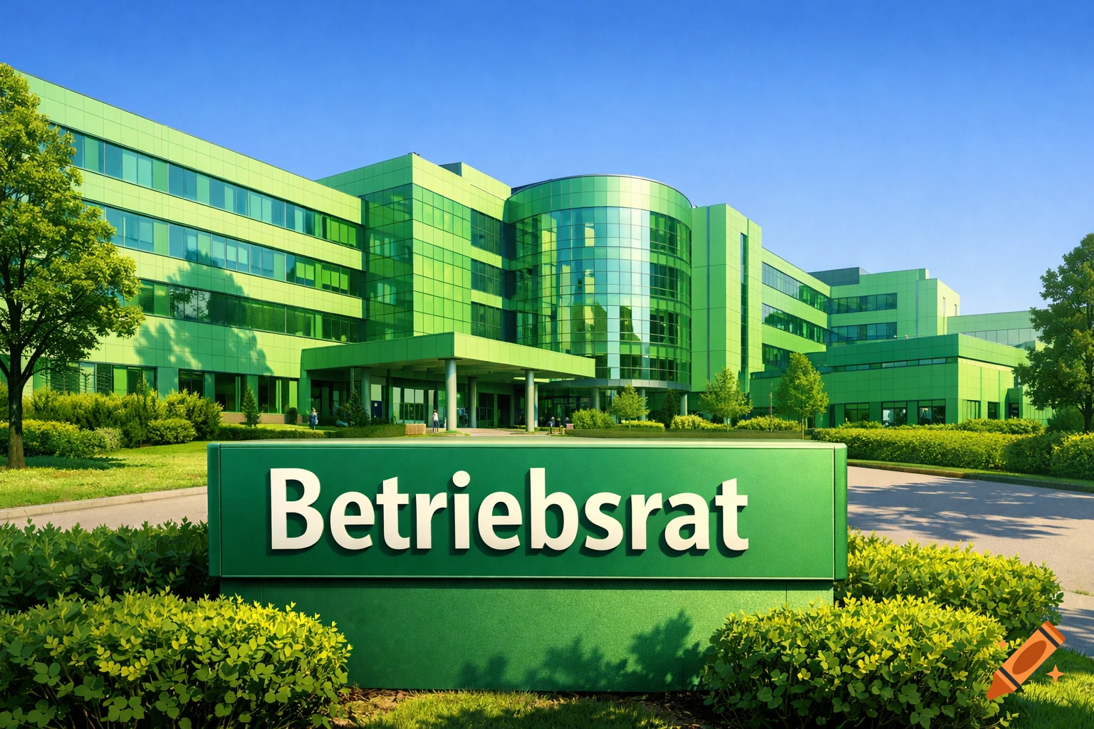 Photorealistic modern green building with glass windows, surrounded by landscaping, a large sign reads 'Betriebsrat'.