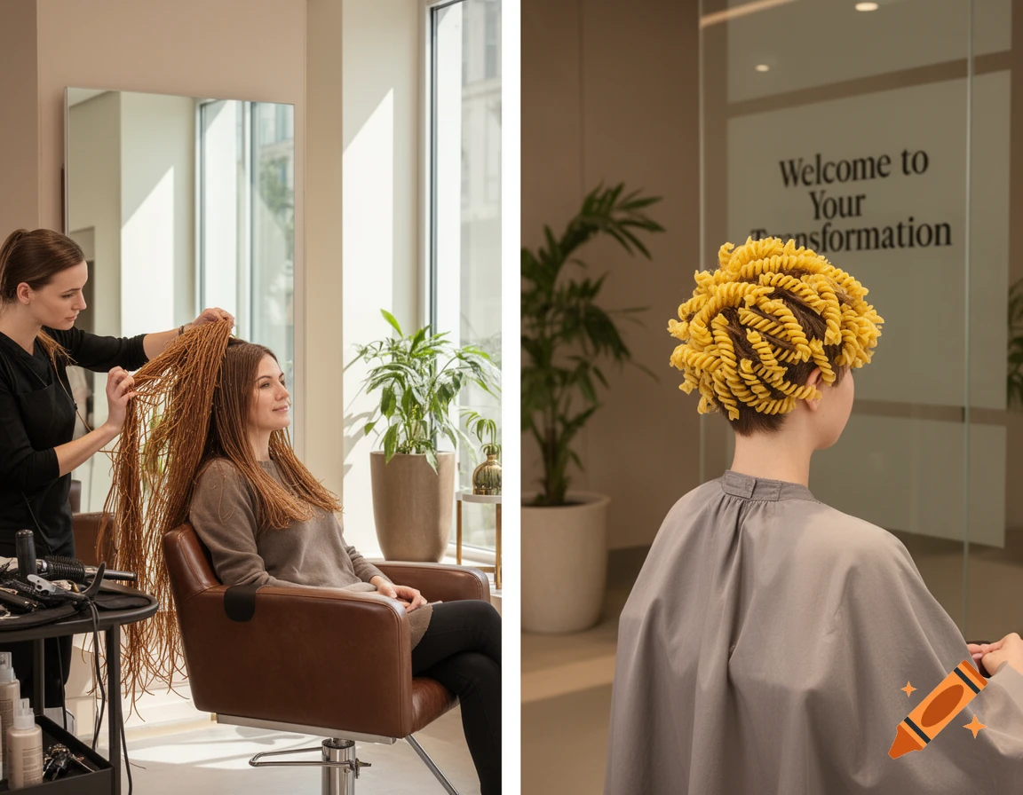 A woman at a hair salon, with long brown spaghetti-like hair on the left, and with short yellow fusilli pasta curls on the right, in a surreal diptych.