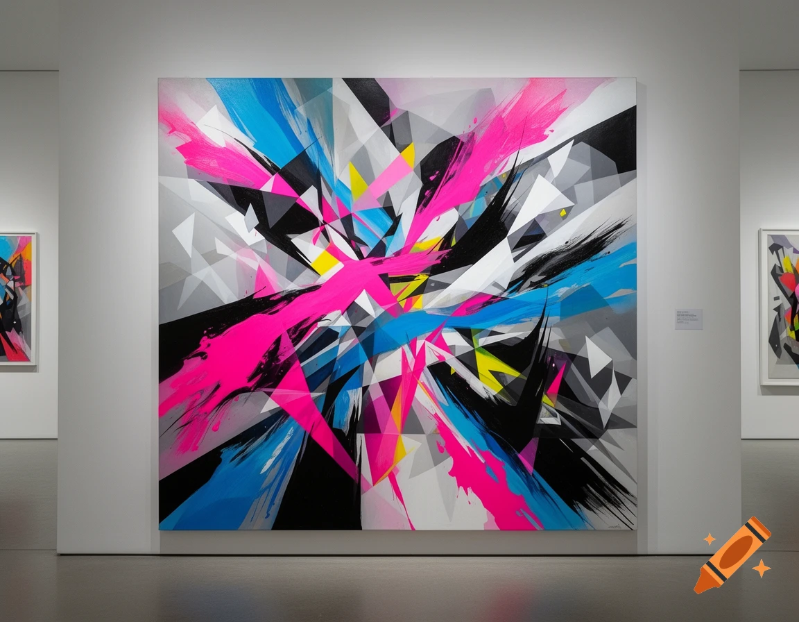 A large, vibrant abstract painting with sharp pink, blue, yellow, black, and white geometric shapes displayed in a minimalist art gallery.