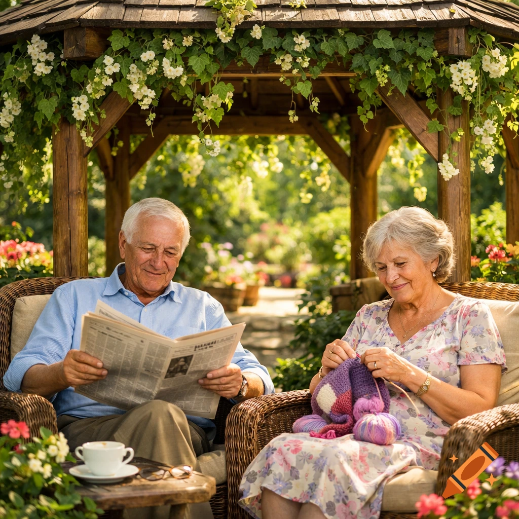 An elderly couple relaxes in a sunny garden under a wooden gazebo; the man reads a newspaper while the woman knits.