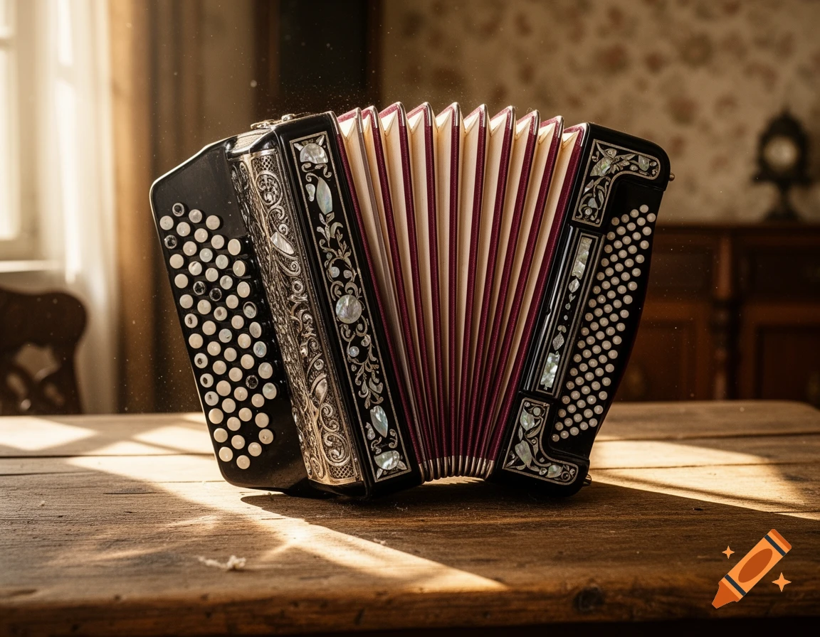 Detailed close-up of a black accordion with silver and mother-of-pearl inlay, resting on a wooden table with sunlight streaming in.