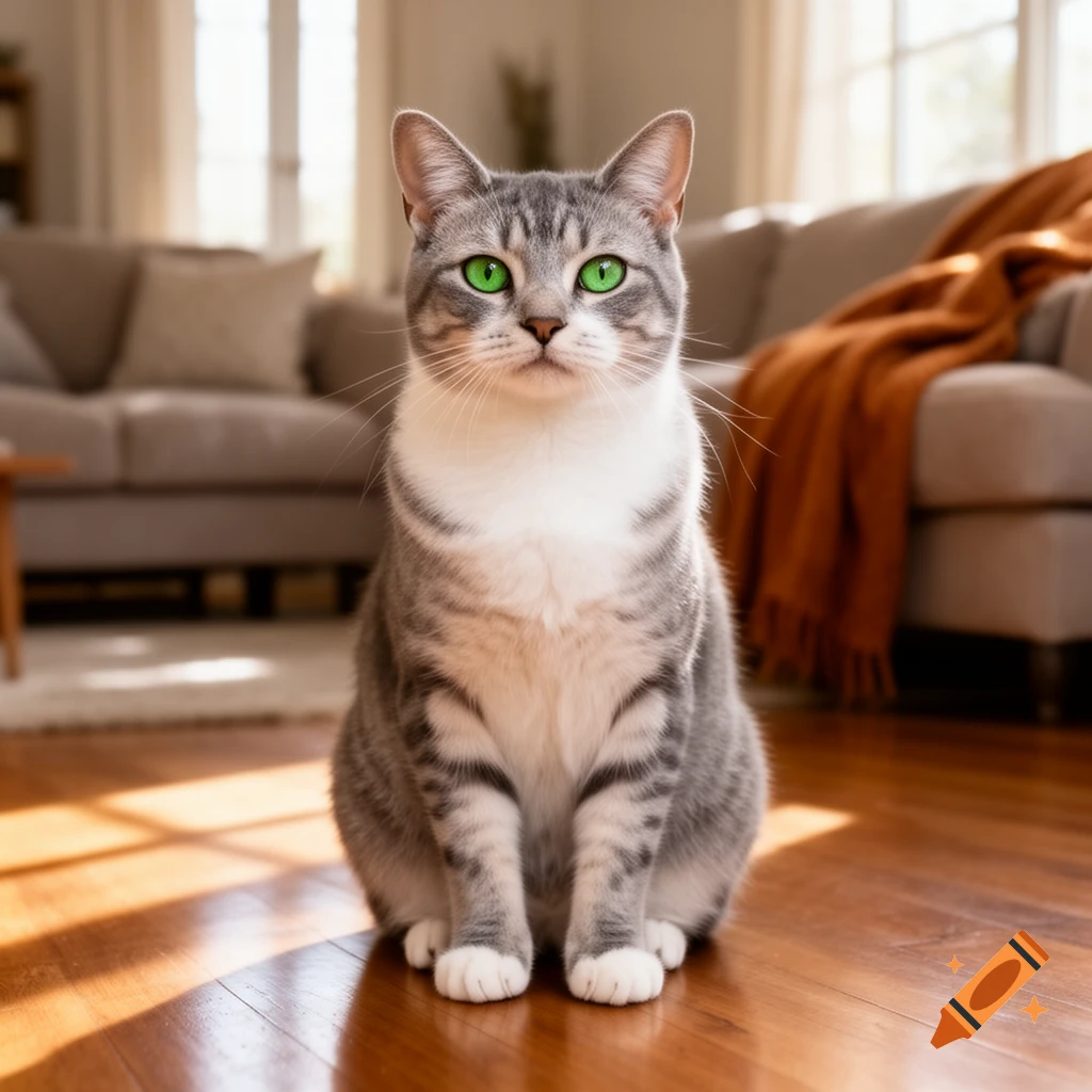 A grey tabby cat with bright green eyes sits on a polished wooden floor in a sunlit living room.