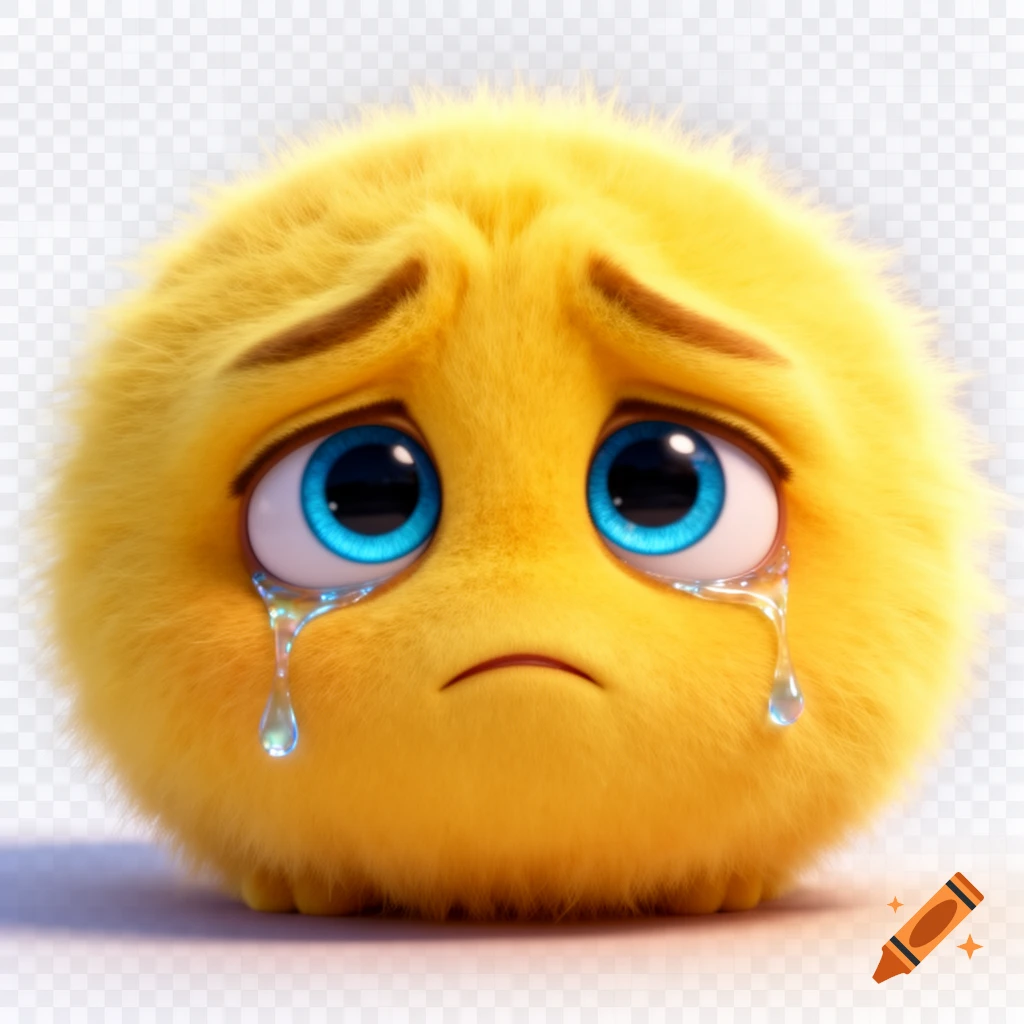 A sad, fluffy yellow Pixar-style furball with big blue eyes shedding tears on a transparent background.