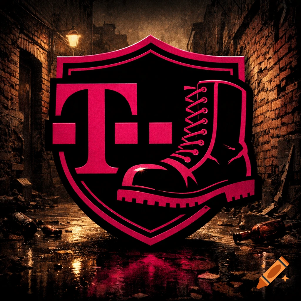 Pink T-Mobile logo shield with a black combat boot in a dark, wet brick alley with streetlights.