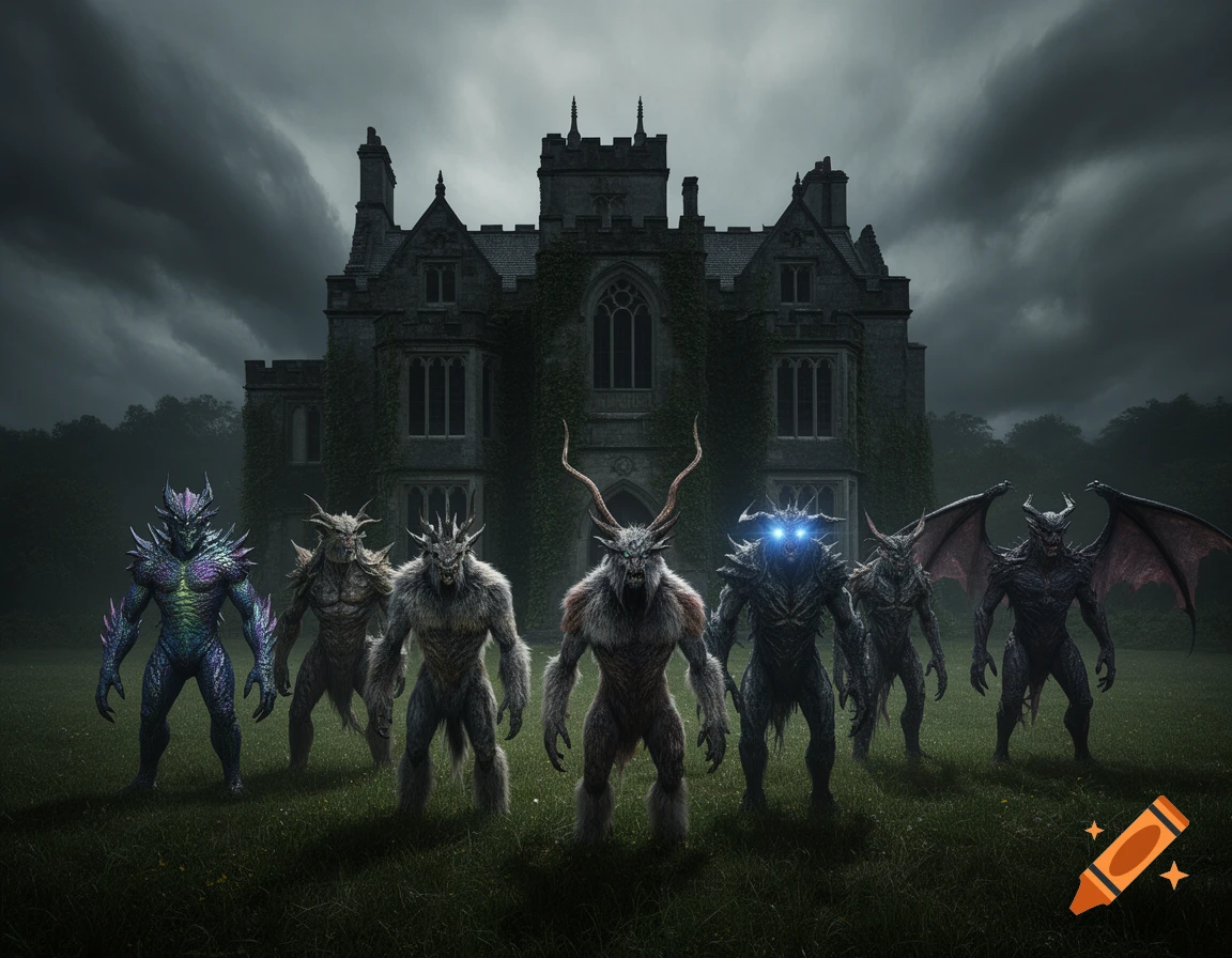 Seven diverse fantasy monsters, including winged and horned creatures, stand in a grassy field before a dark gothic mansion under a stormy sky.