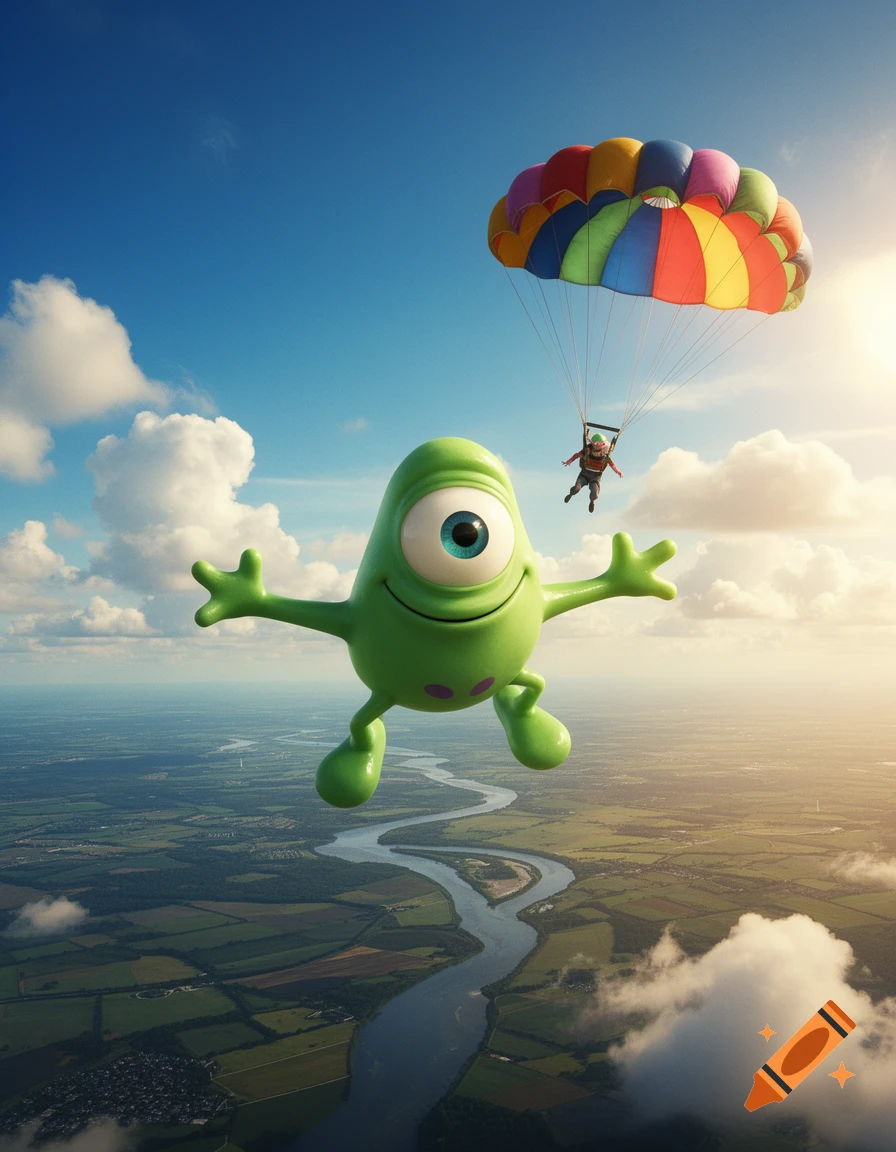 A green cyclops cartoon character and a skydiver in freefall over a river and green landscape, under a blue sky with clouds. Photorealistic style.