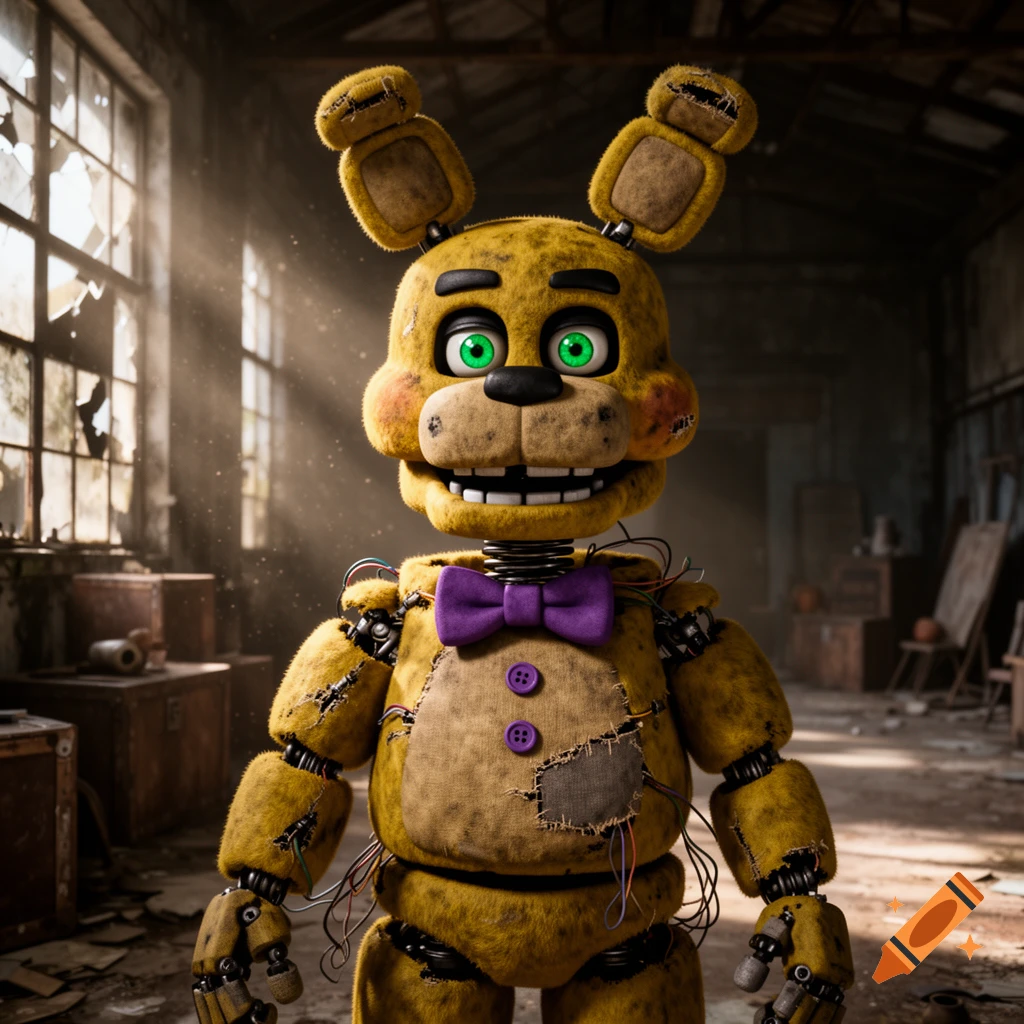 A photorealistic, tattered yellow animatronic rabbit with green eyes and a purple bowtie stands in a dusty, dilapidated warehouse.
