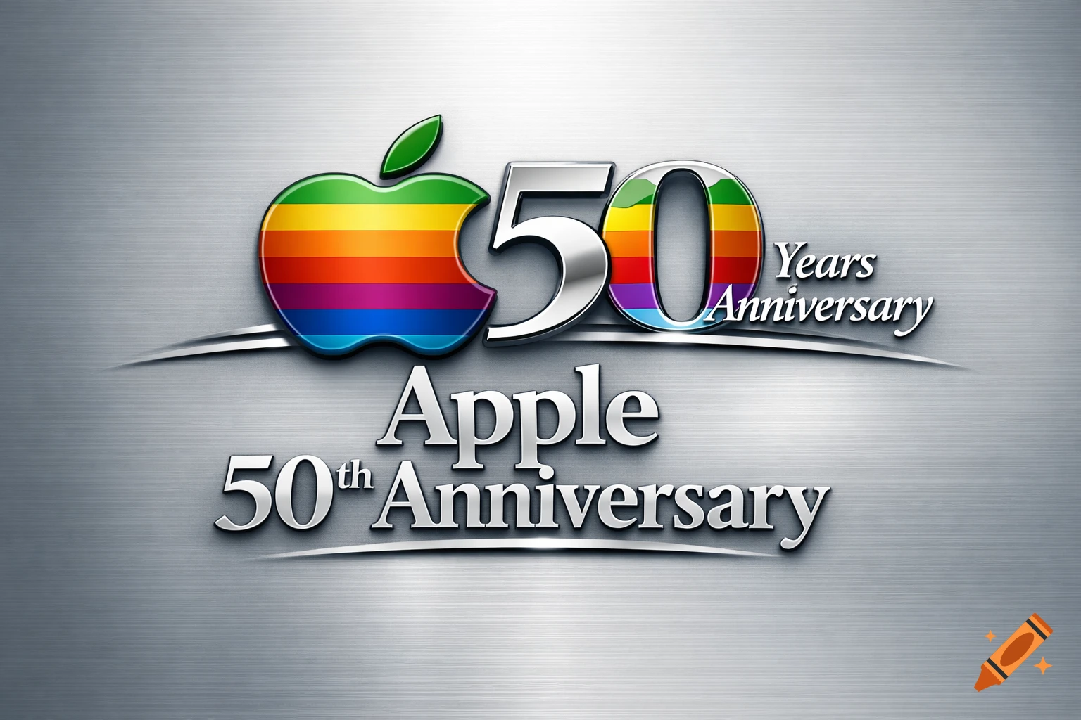 A sleek, metallic 50th Anniversary logo for Apple, featuring the rainbow Apple icon and silver text on a brushed metal background.