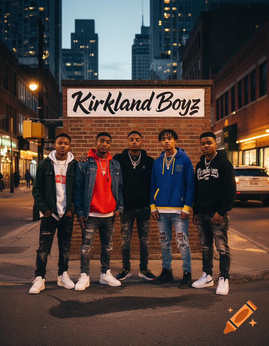 Five young men in streetwear stand on a city street at dusk, in front of a brick wall with a 'Kirkland Boyz' sign.