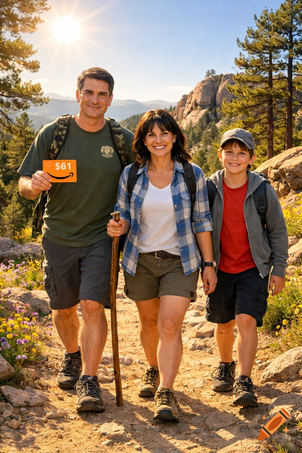 A family of three, parents and son, smile while hiking on a sunny mountain trail.