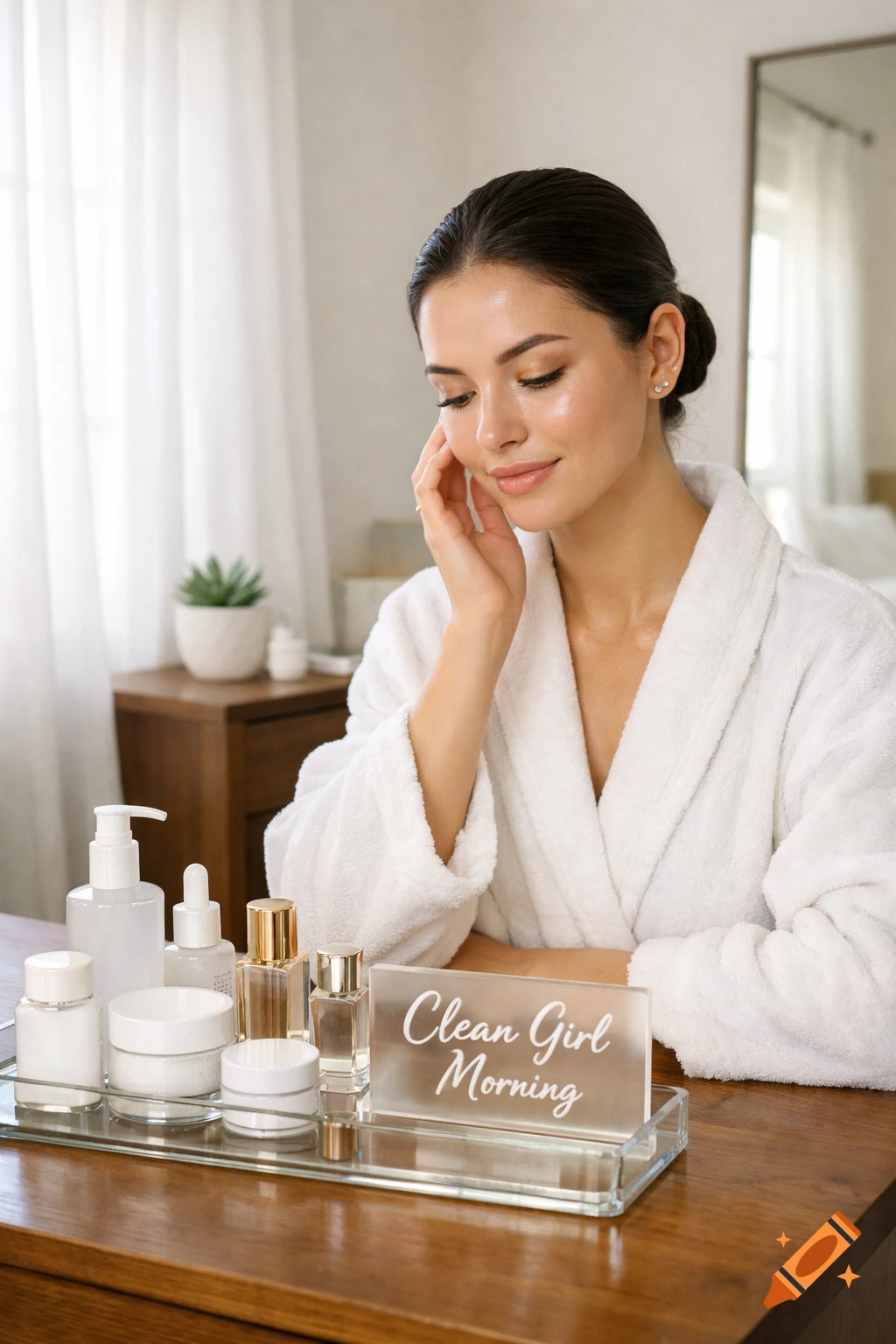 A woman in a white bathrobe looks down at a tray of skincare products and a sign that reads 'Clean Girl Morning'.