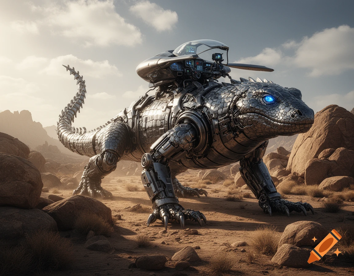 A giant metallic lizard with glowing blue eyes and a futuristic cockpit on its back stands in a rocky desert under a cloudy sky.