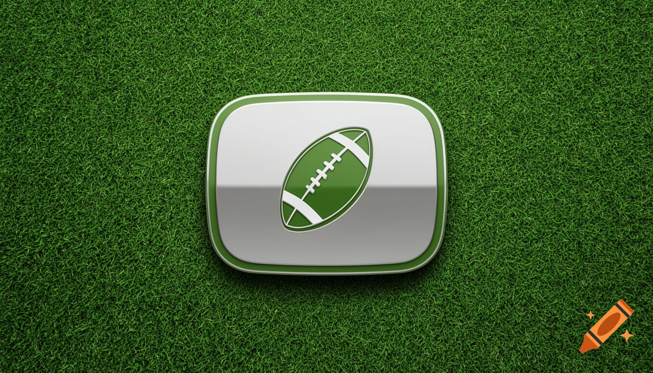 A 3D green and white football emblem on a silver rounded rectangle, placed on a vibrant green grass texture.