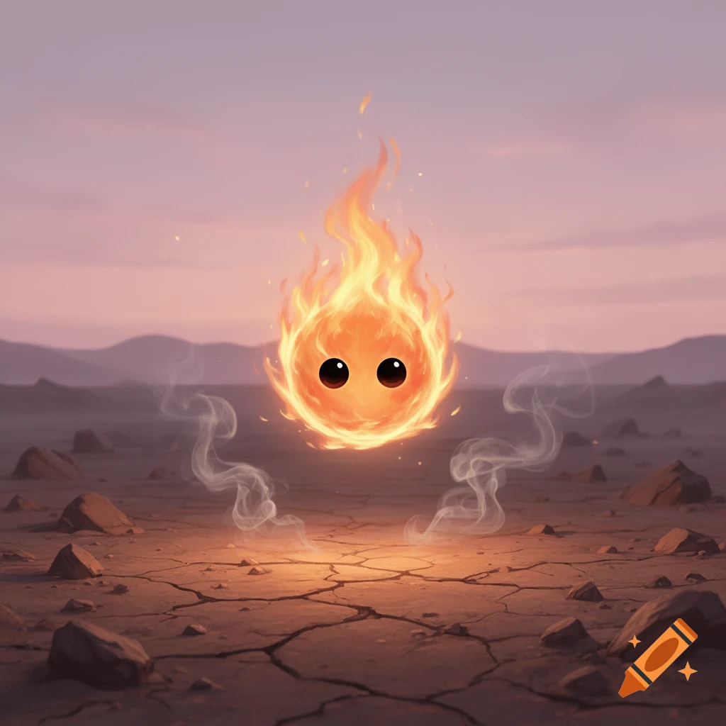 A cute, glowing orange fireball with black eyes hovers above a cracked, dry wasteland at sunset, with distant mountains.